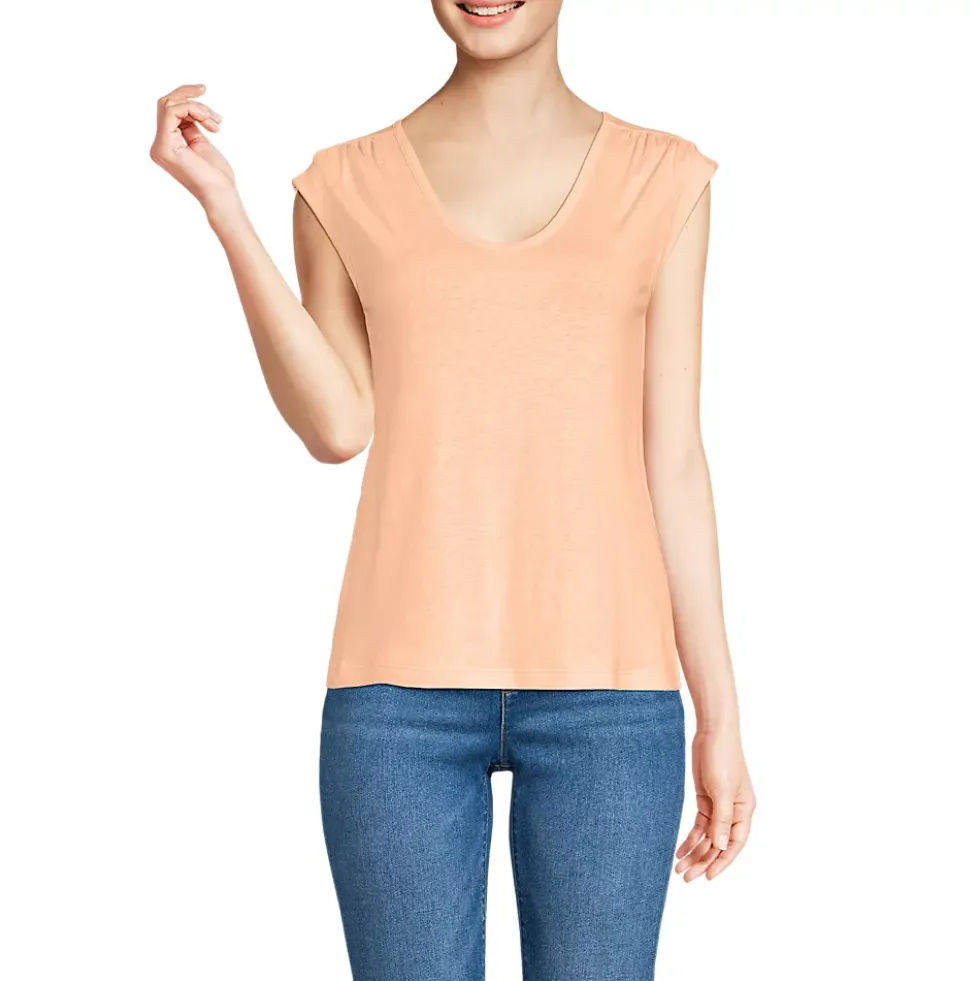 Women's Linen Blend Cap Sleeve Gathered Shoulder Tee