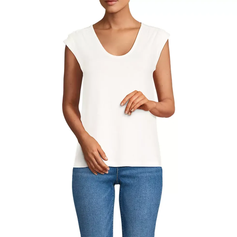 Women's Linen Blend Cap Sleeve Gathered Shoulder Tee