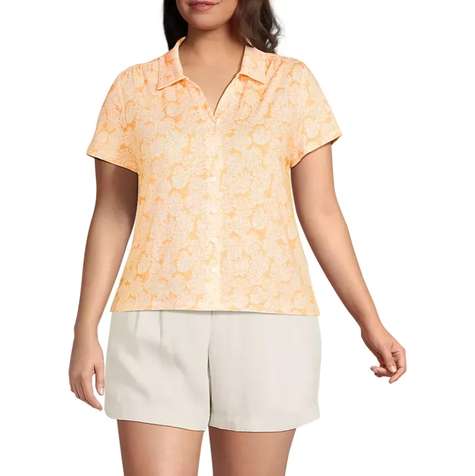 Women's Linen Blend Short Sleeve Button Front Polo Top