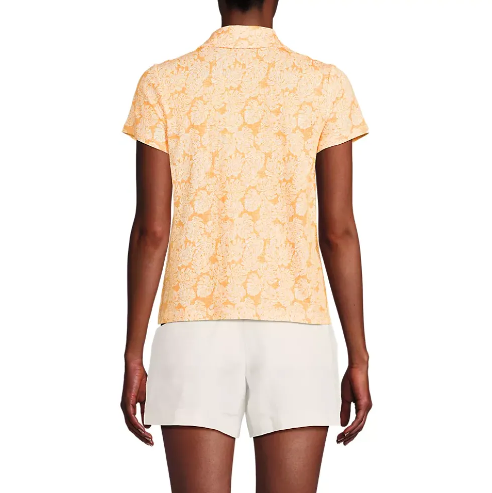 Women's Linen Blend Short Sleeve Button Front Polo Top