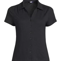 Women's Linen Blend Short Sleeve Button Front Polo Top