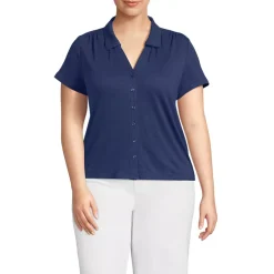 Women's Linen Blend Short Sleeve Button Front Polo Top
