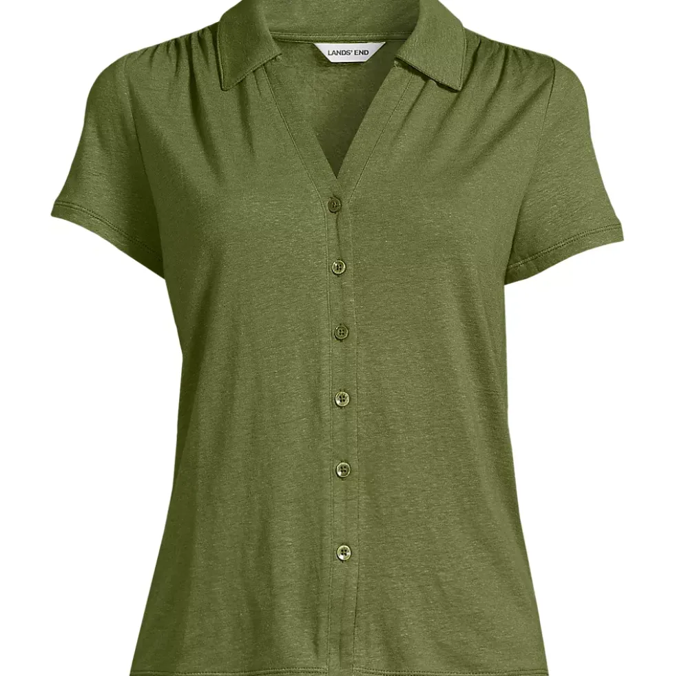 Women's Linen Blend Short Sleeve Button Front Polo Top