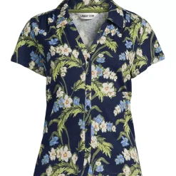 Women's Linen Blend Short Sleeve Button Front Polo Top