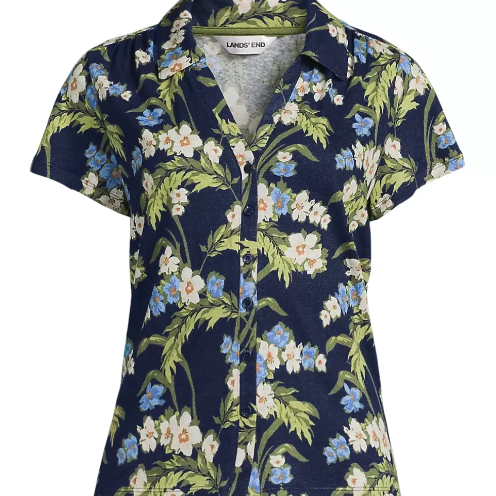 Women's Linen Blend Short Sleeve Button Front Polo Top