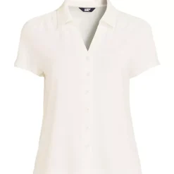 Women's Linen Blend Short Sleeve Button Front Polo Top