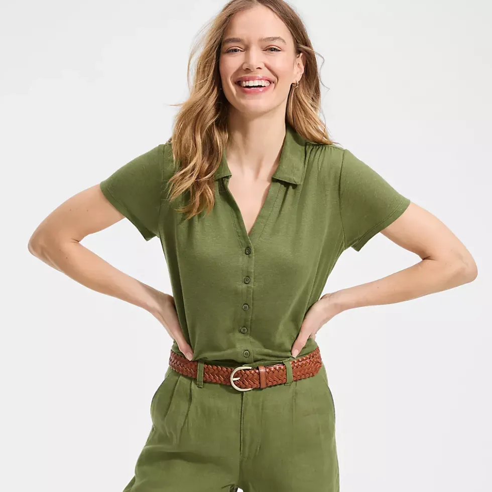 Women's Linen Blend Short Sleeve Button Front Polo Top
