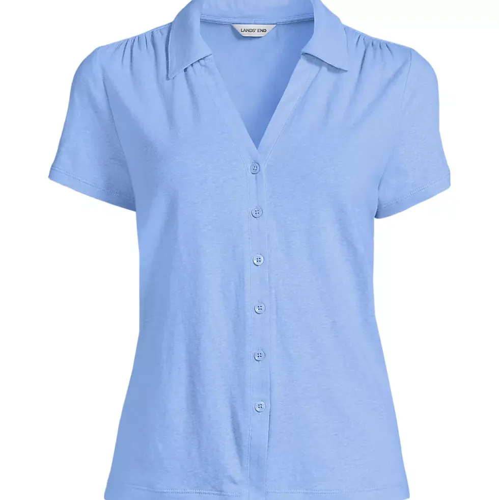 Women's Linen Blend Short Sleeve Button Front Polo Top