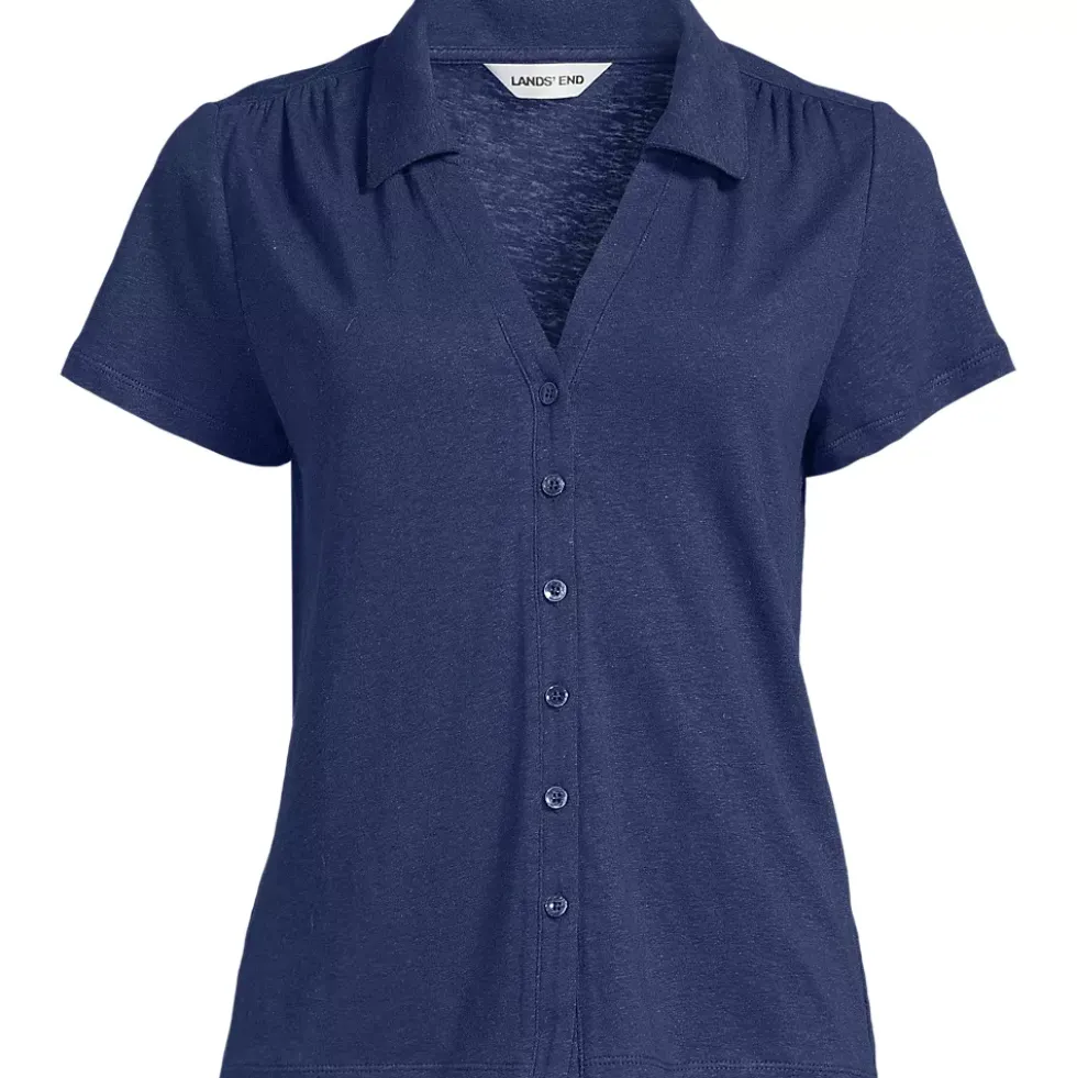 Women's Linen Blend Short Sleeve Button Front Polo Top