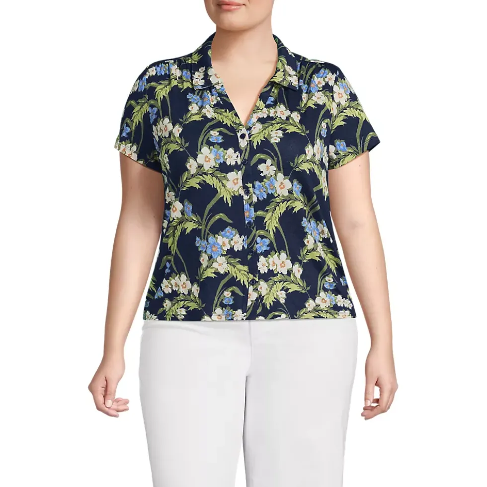 Women's Linen Blend Short Sleeve Button Front Polo Top