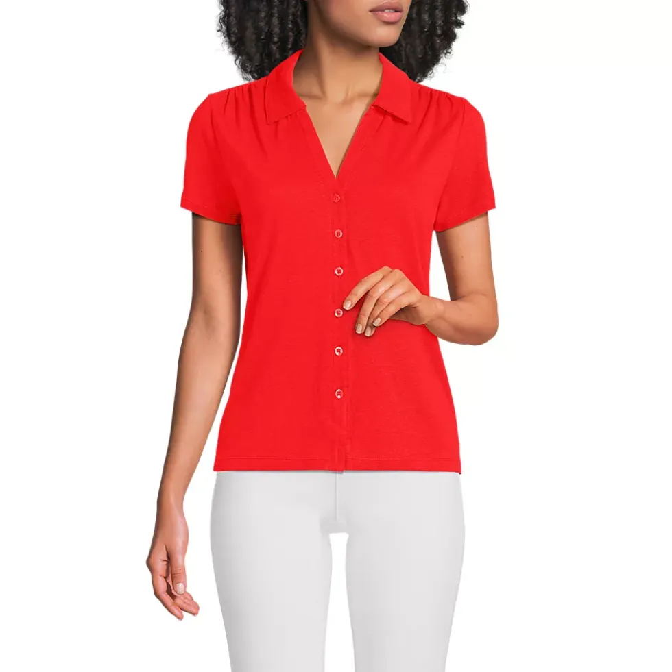 Women's Linen Blend Short Sleeve Button Front Polo Top