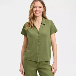 Women's Linen Blend Short Sleeve Button Front Polo Top