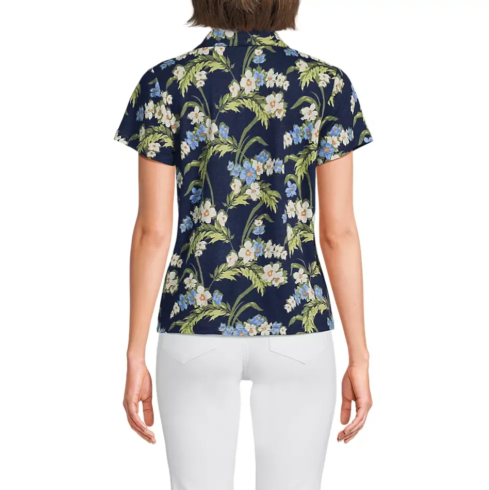 Women's Linen Blend Short Sleeve Button Front Polo Top