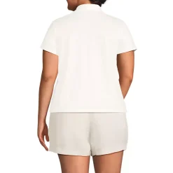Women's Linen Blend Short Sleeve Button Front Polo Top
