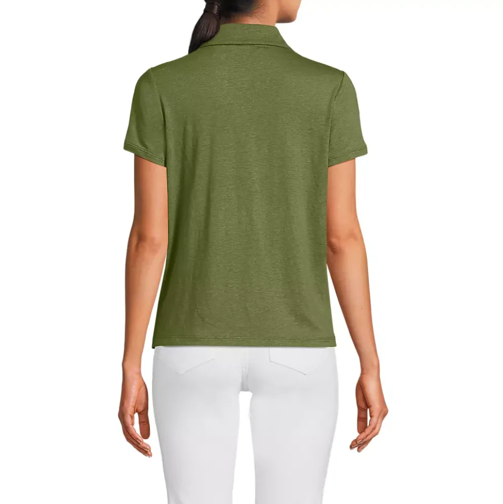 Women's Linen Blend Short Sleeve Button Front Polo Top