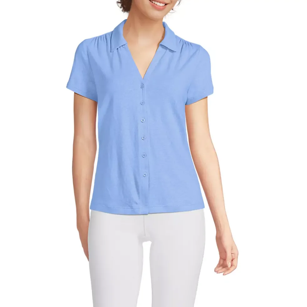 Women's Linen Blend Short Sleeve Button Front Polo Top