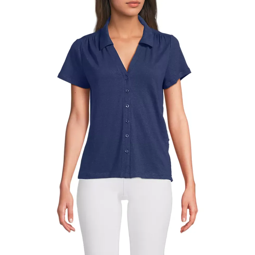 Women's Linen Blend Short Sleeve Button Front Polo Top