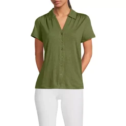 Women's Linen Blend Short Sleeve Button Front Polo Top