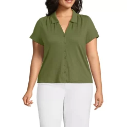 Women's Linen Blend Short Sleeve Button Front Polo Top