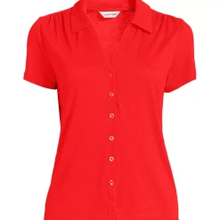 Women's Linen Blend Short Sleeve Button Front Polo Top