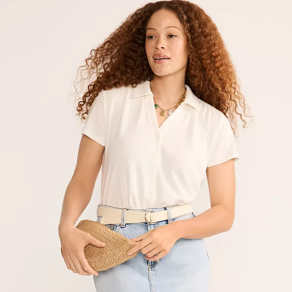 Women's Linen Blend Short Sleeve Button Front Polo Top