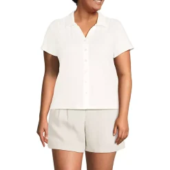 Women's Linen Blend Short Sleeve Button Front Polo Top