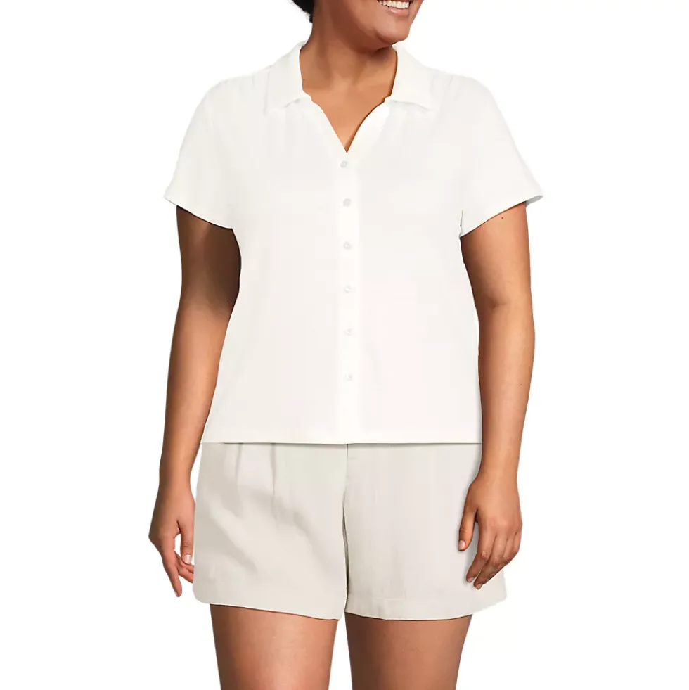Women's Linen Blend Short Sleeve Button Front Polo Top