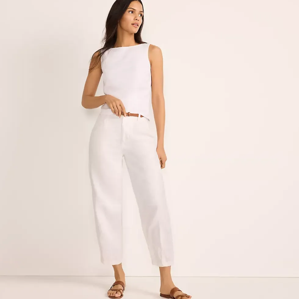 Women's Linen High Rise Pleated Barrel Leg Ankle Pants