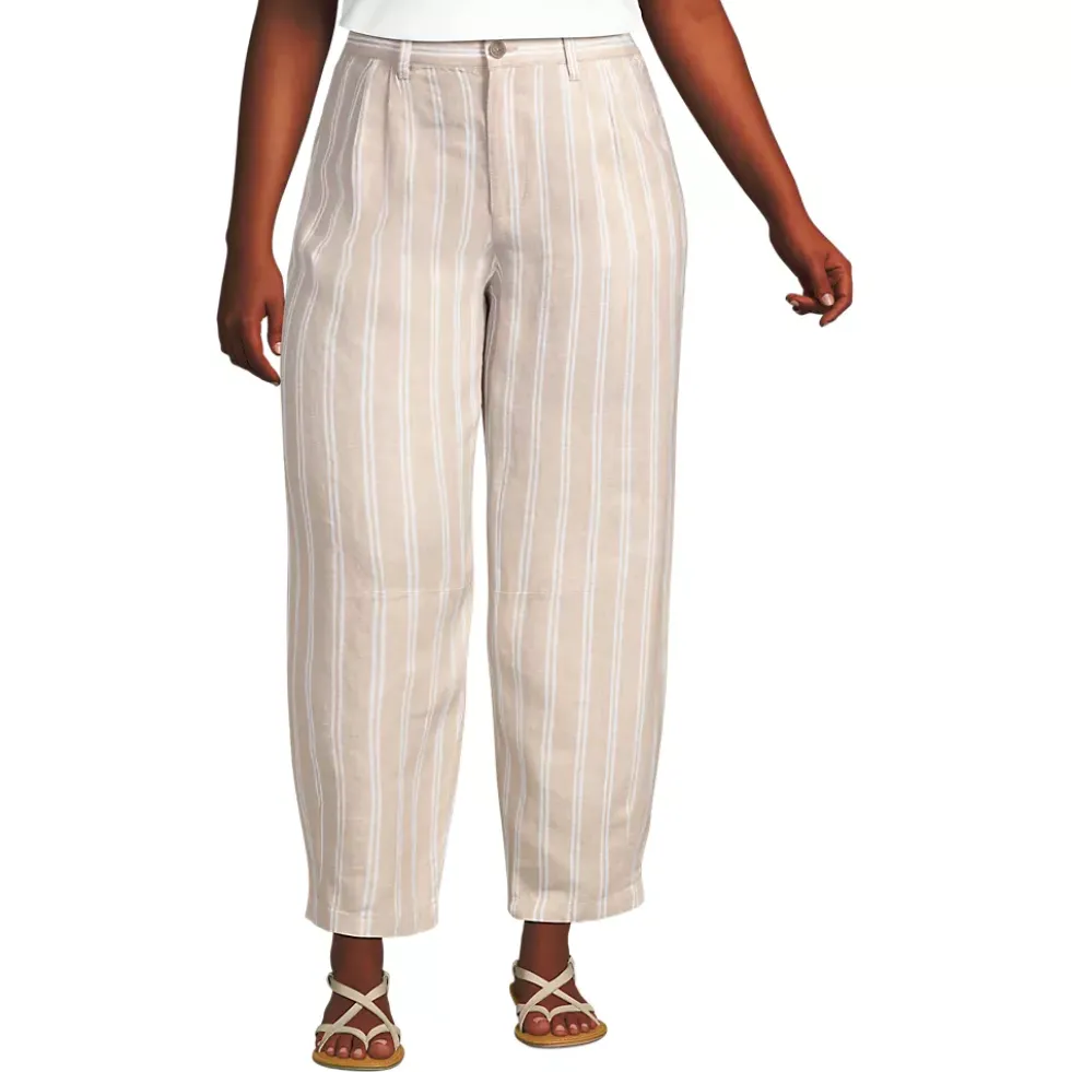 Women's Linen High Rise Pleated Barrel Leg Ankle Pants