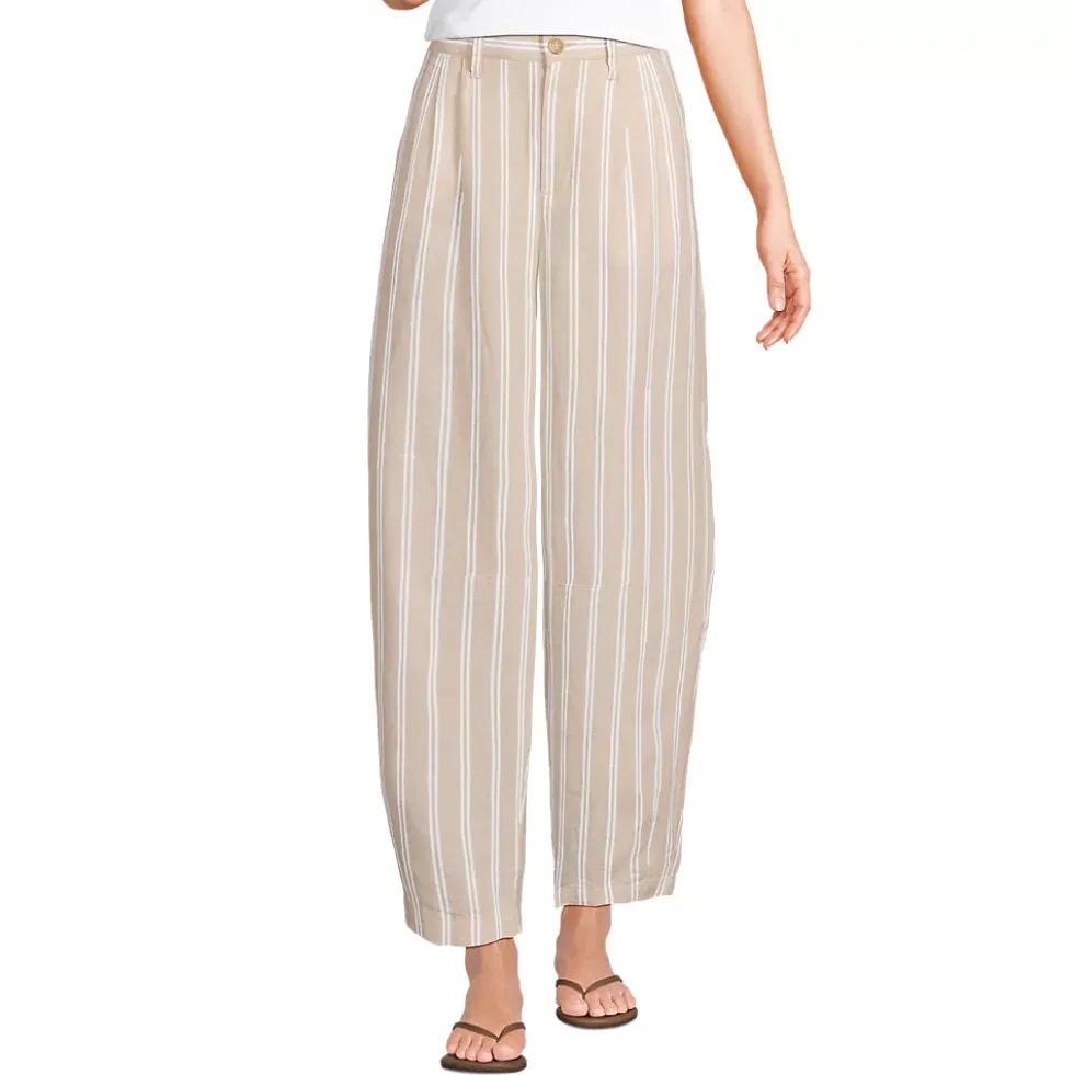 Women's Linen High Rise Pleated Barrel Leg Ankle Pants