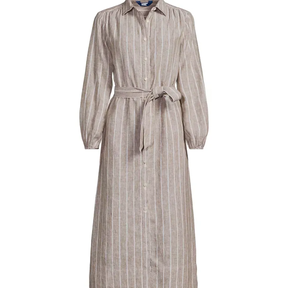 Women's Linen Long Sleeve Midi Shirt Dress