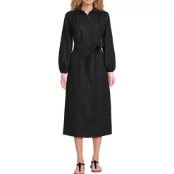Women's Linen Long Sleeve Midi Shirt Dress