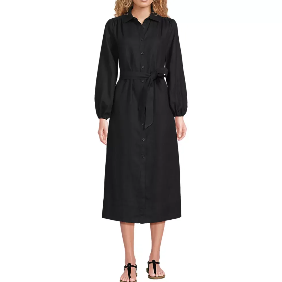 Women's Linen Long Sleeve Midi Shirt Dress