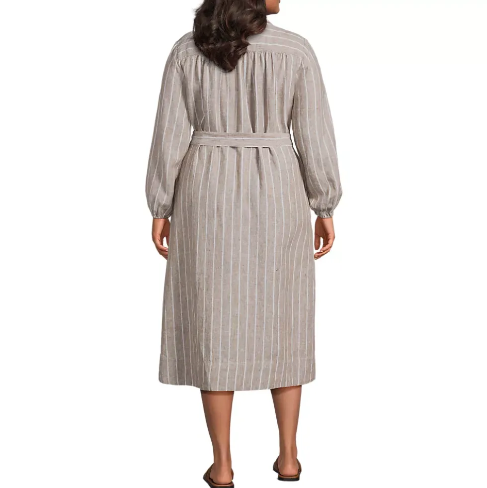 Women's Linen Long Sleeve Midi Shirt Dress