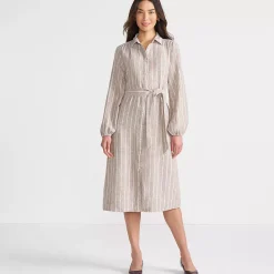 Women's Linen Long Sleeve Midi Shirt Dress