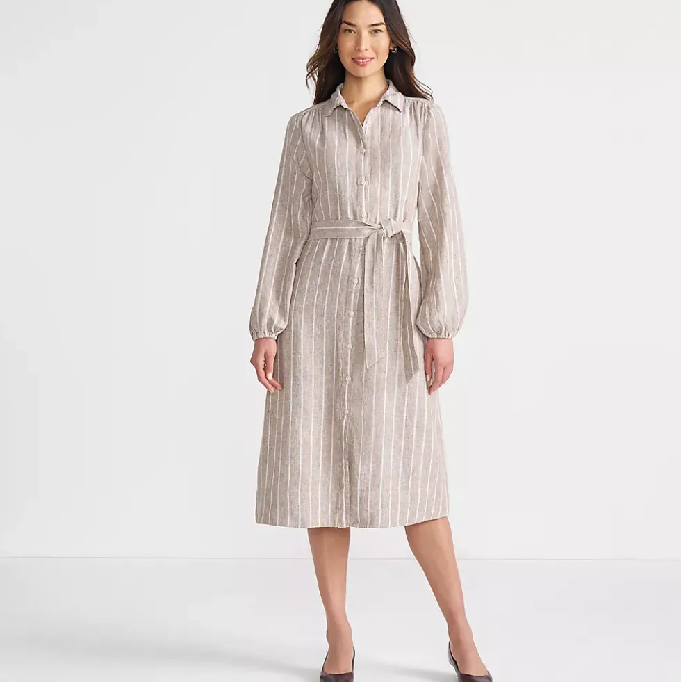 Women's Linen Long Sleeve Midi Shirt Dress
