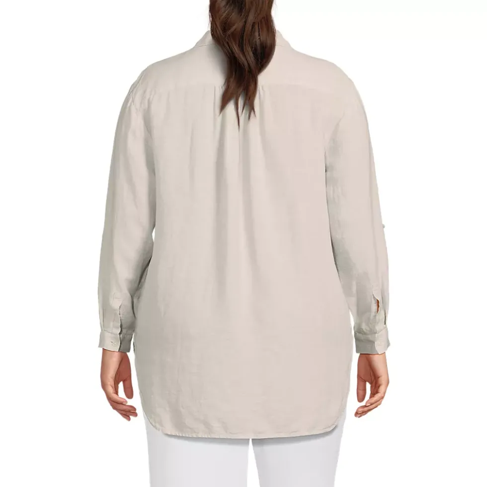 Women's Linen Roll Sleeve Relaxed Tunic Top