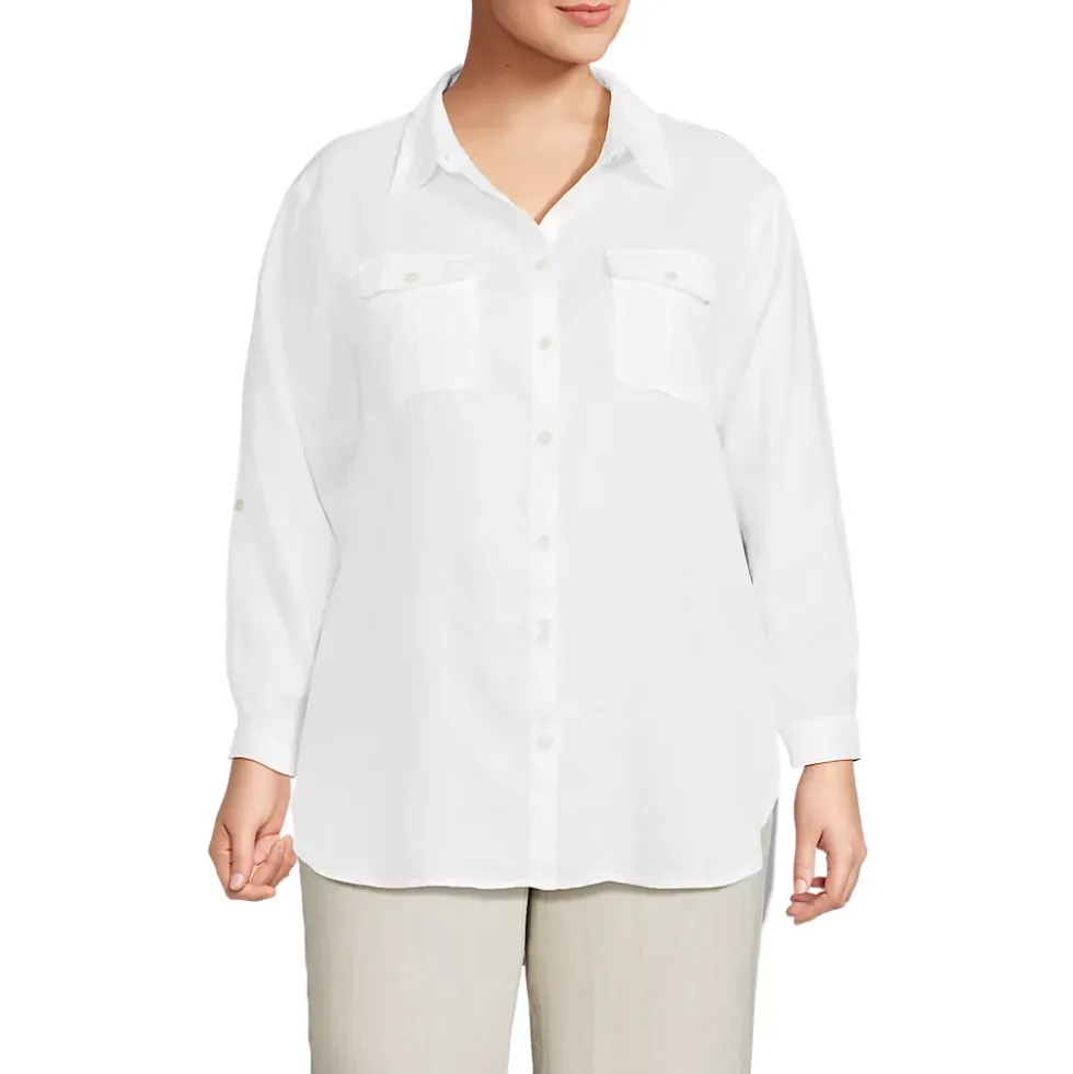 Women's Linen Roll Sleeve Relaxed Tunic Top