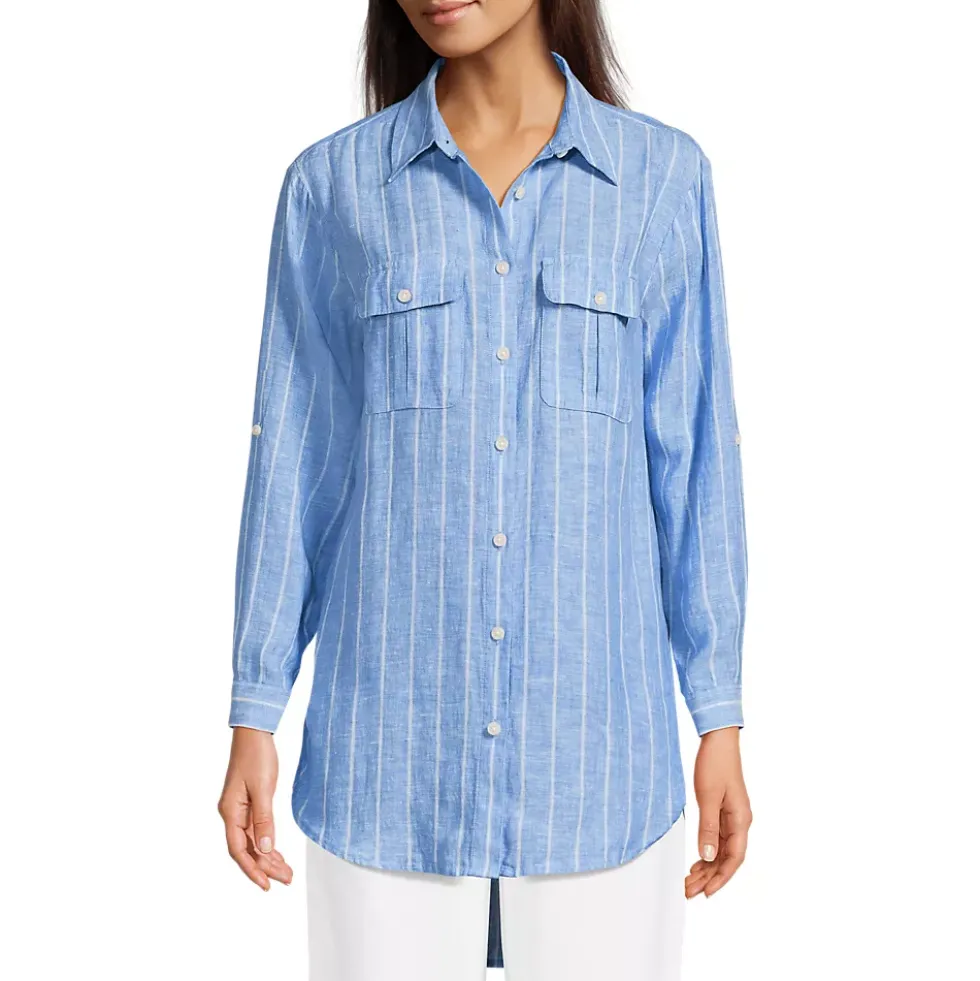 Women's Linen Roll Sleeve Relaxed Tunic Top