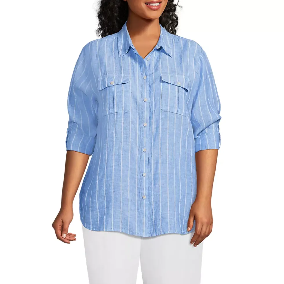 Women's Linen Roll Sleeve Relaxed Tunic Top