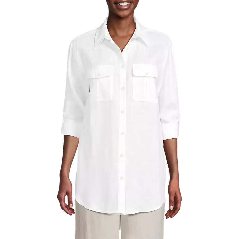 Women's Linen Roll Sleeve Relaxed Tunic Top