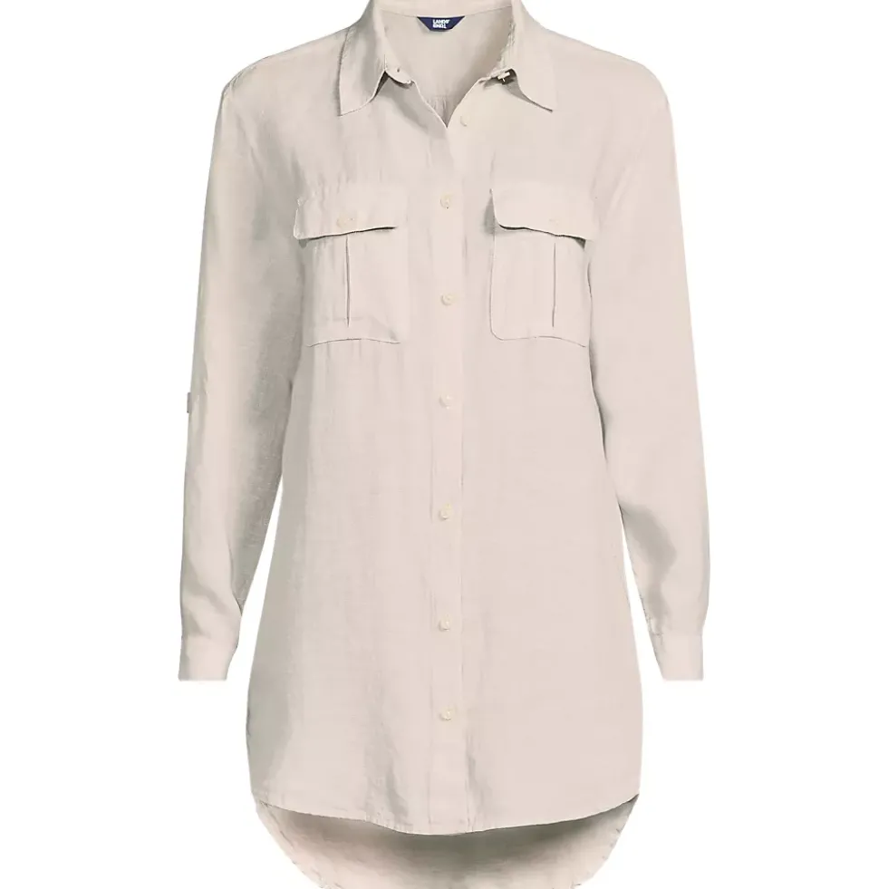 Women's Linen Roll Sleeve Relaxed Tunic Top