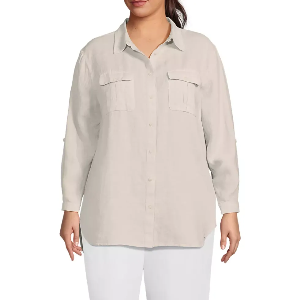 Women's Linen Roll Sleeve Relaxed Tunic Top