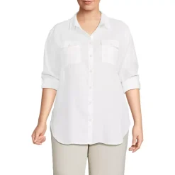 Women's Linen Roll Sleeve Relaxed Tunic Top