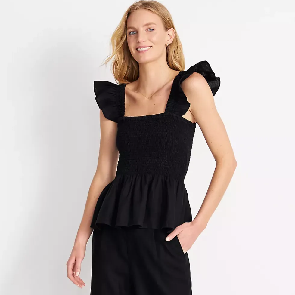 Women's Linen Ruffle Strap Smocked Top