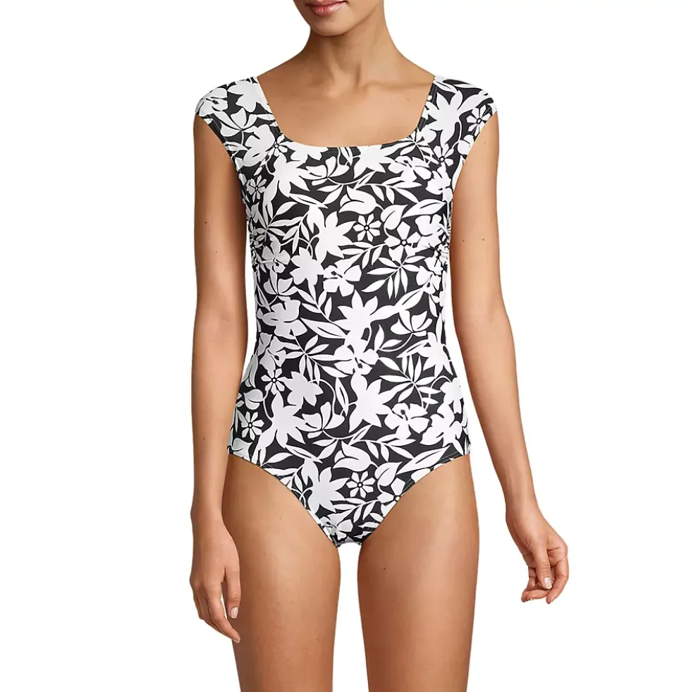 Women's Long Chlorine Resistant Tummy Control Cap Sleeve X-Back One Piece Swimsuit
