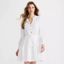 Women's Long Sleeve Eyelet Mini Popover Dress
