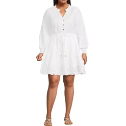 Women's Long Sleeve Eyelet Mini Popover Dress