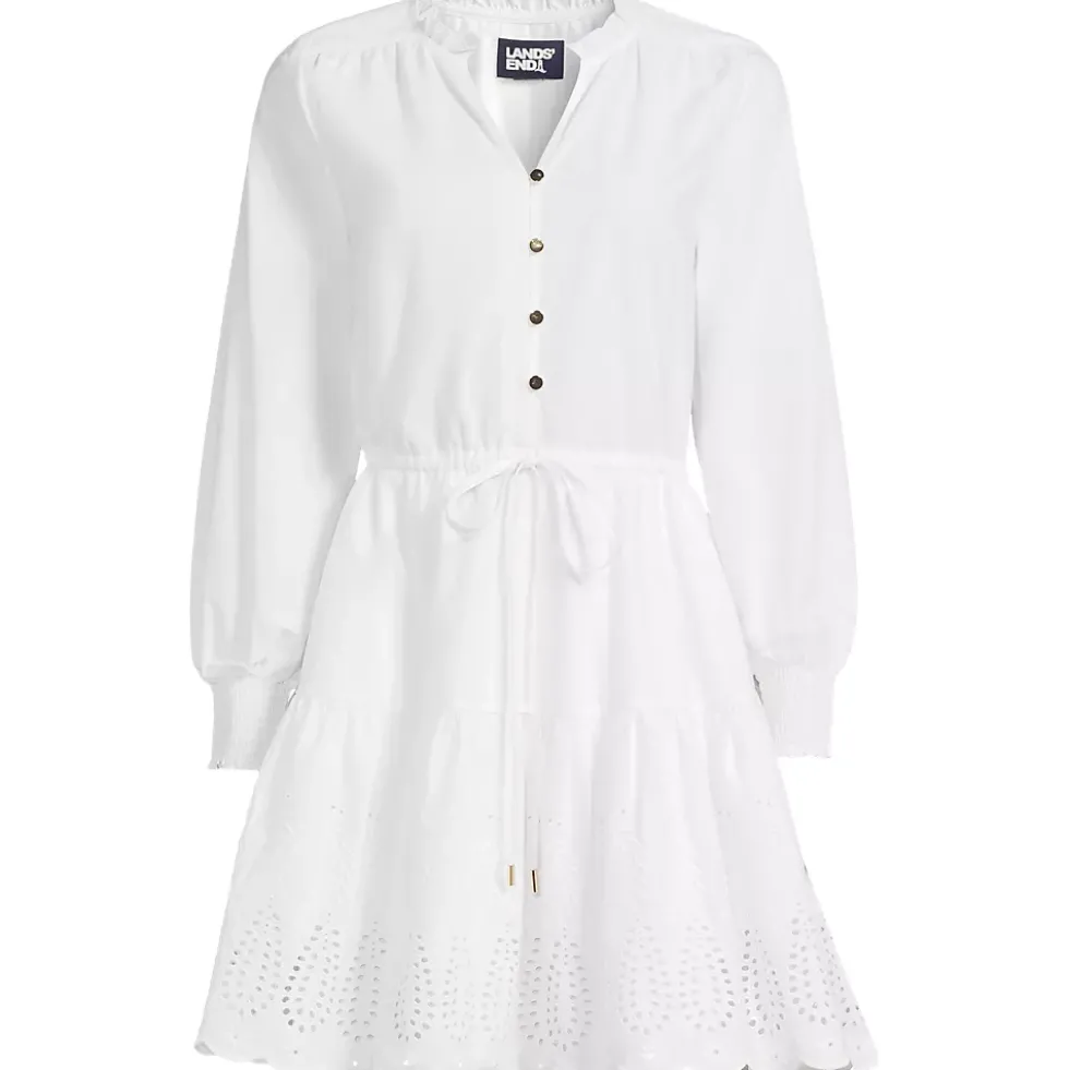 Women's Long Sleeve Eyelet Mini Popover Dress
