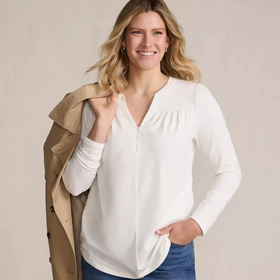 Women's Long Sleeve Lightweight Jersey Notch Neck Tunic Top